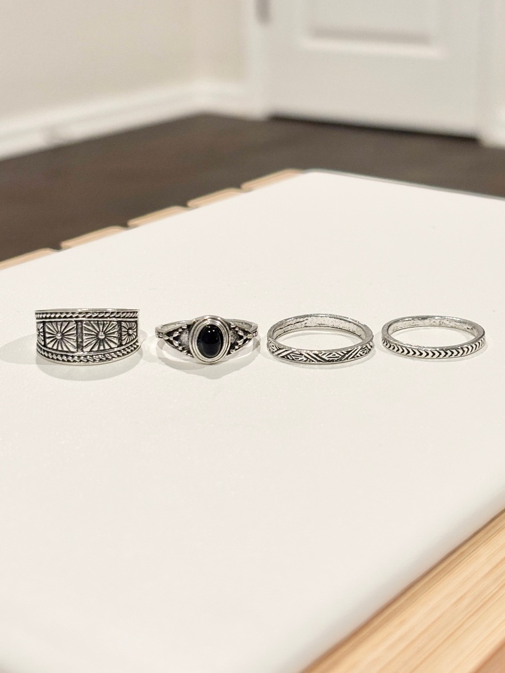 Silver Tone Size 6 & 7 Boho Stackable Rings Set Tribal Black Stone Band